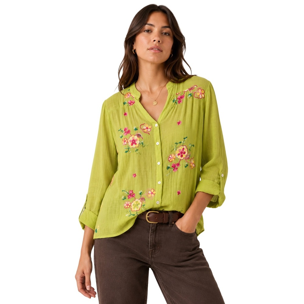 Anthropologie Fig & Flower Top Womens Large Green Floral Embroidered Gauze Boho